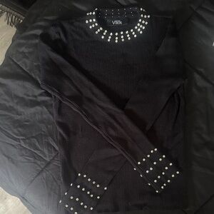 Black Long Sleeve Top with Pearl Accents
